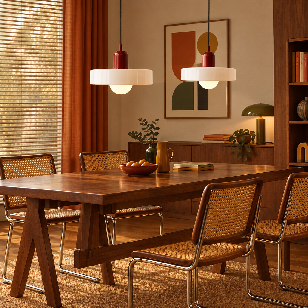 Twee hanglampen met witte kap en rode fitting boven een houten eettafel met rotanstoelen 1