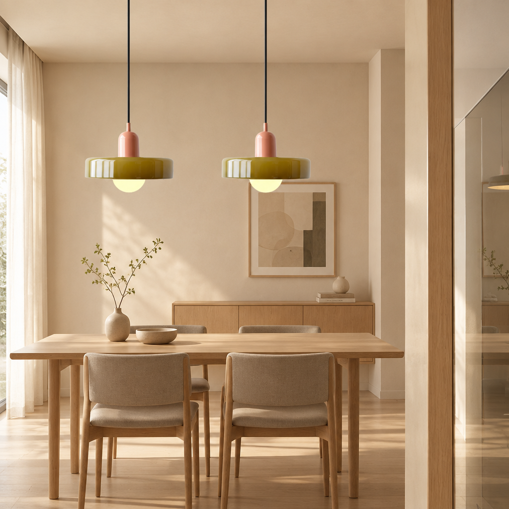 Twee hanglampen met olijfgroene glazen kap en roze fitting boven een houten eettafel 1