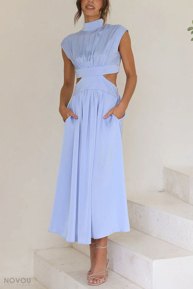 Trendy Midi Summer Dress with Collar and Waist Cutout – Avelina