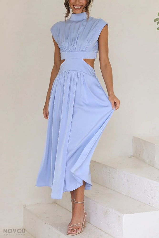 Trendy Midi Summer Dress with Collar and Waist Cutout – Avelina