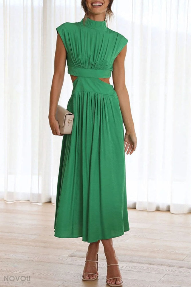 Trendy Midi Summer Dress with Collar and Waist Cutout – Avelina