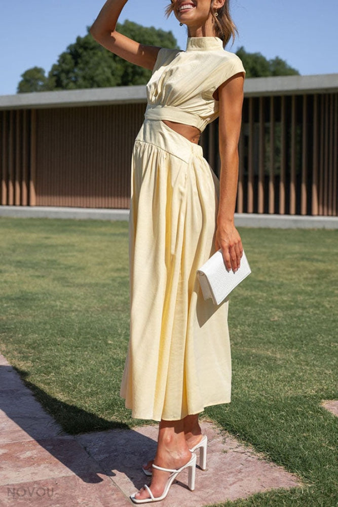 Trendy Midi Summer Dress with Collar and Waist Cutout – Avelina