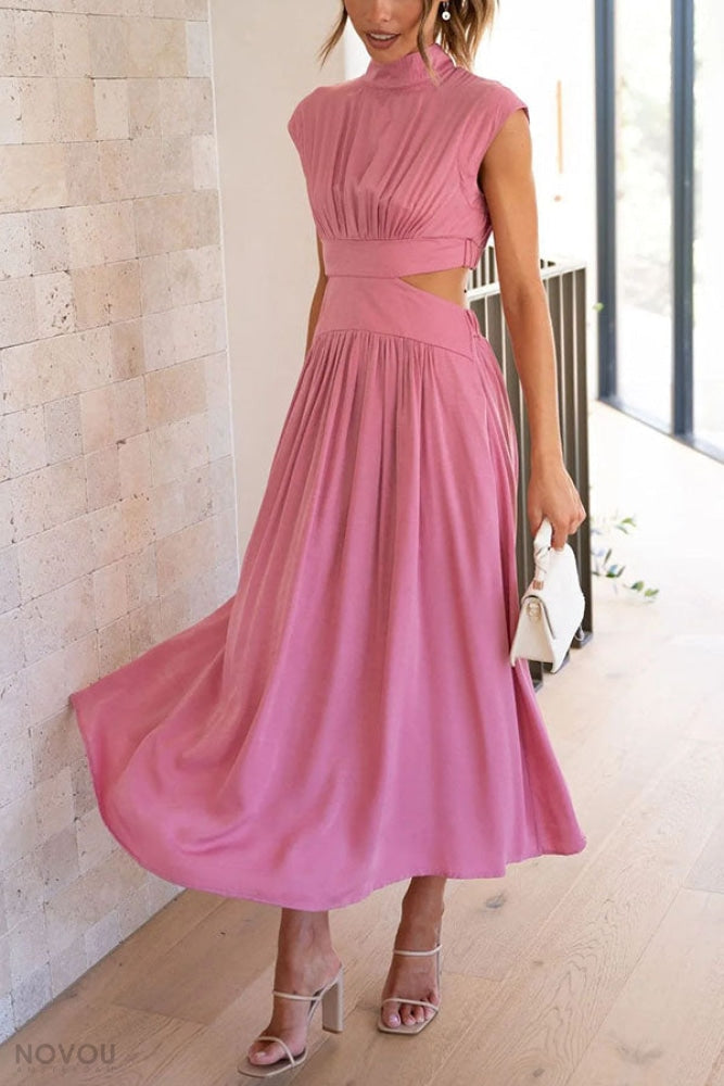 Trendy Midi Summer Dress with Collar and Waist Cutout – Avelina