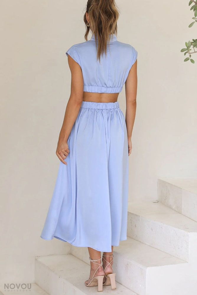 Trendy Midi Summer Dress with Collar and Waist Cutout – Avelina