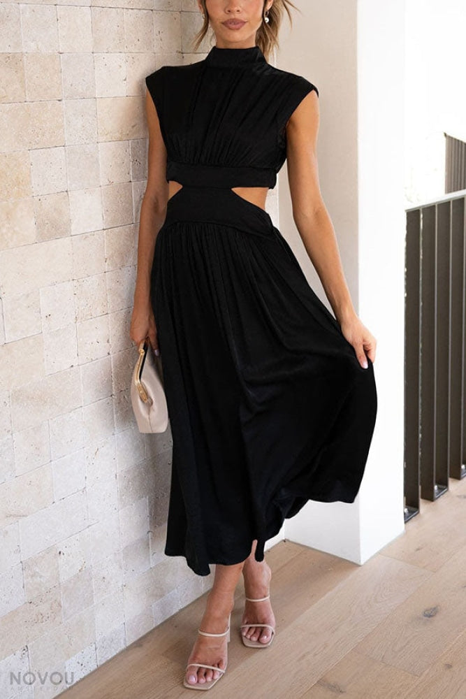 Trendy Midi Summer Dress with Collar and Waist Cutout – Avelina