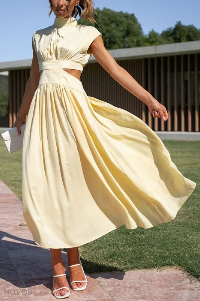 Trendy Midi Summer Dress with Collar and Waist Cutout – Avelina