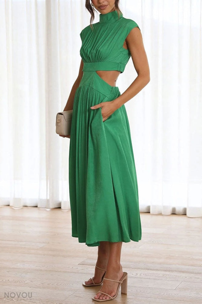 Trendy Midi Summer Dress with Collar and Waist Cutout – Avelina