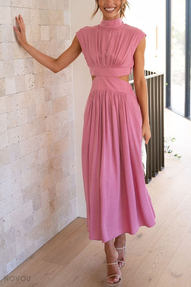 Trendy Midi Summer Dress with Collar and Waist Cutout – Avelina