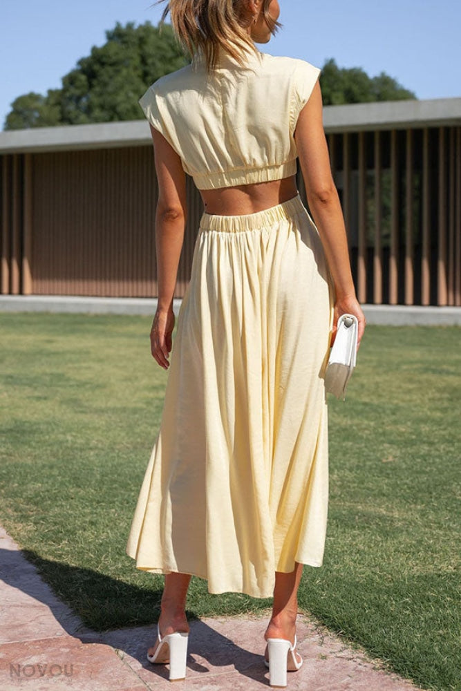 Trendy Midi Summer Dress with Collar and Waist Cutout – Avelina