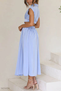 Trendy Midi Summer Dress with Collar and Waist Cutout – Avelina