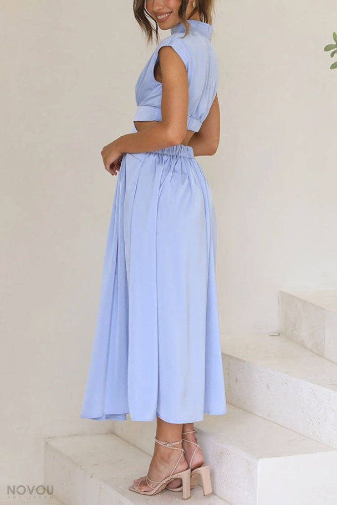 Trendy Midi Summer Dress with Collar and Waist Cutout – Avelina