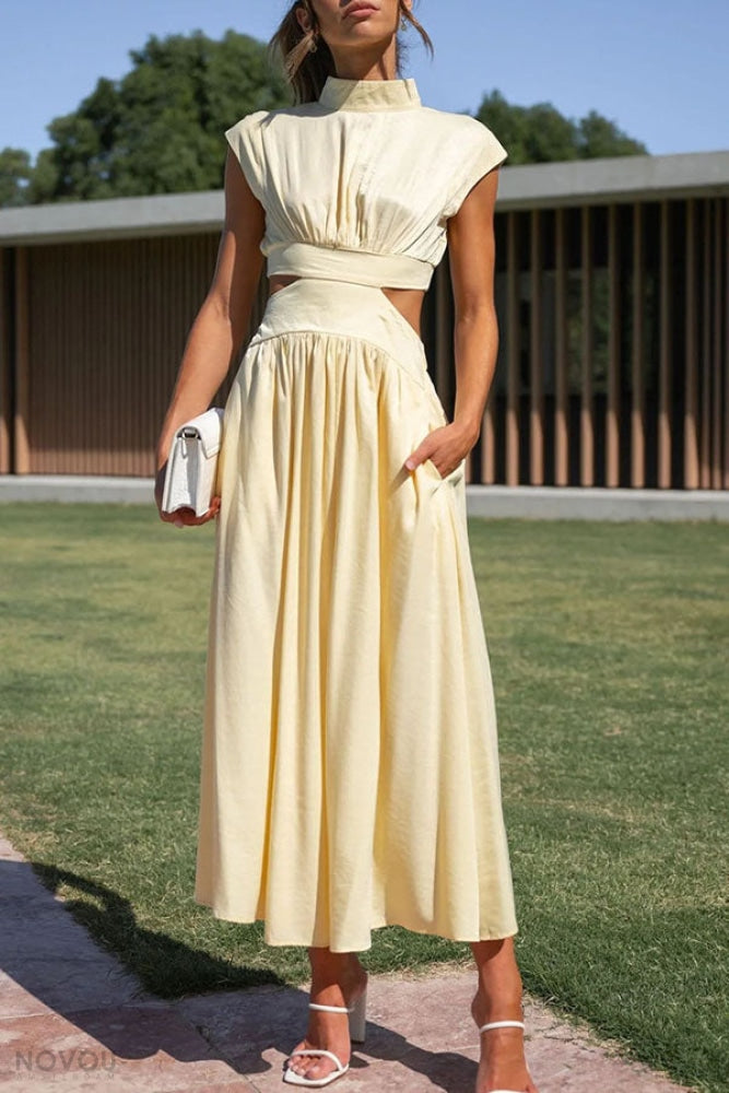 Trendy Midi Summer Dress with Collar and Waist Cutout – Avelina