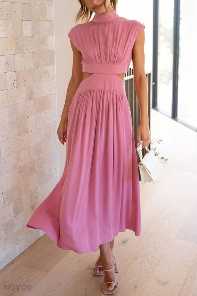Trendy Midi Summer Dress with Collar and Waist Cutout – Avelina
