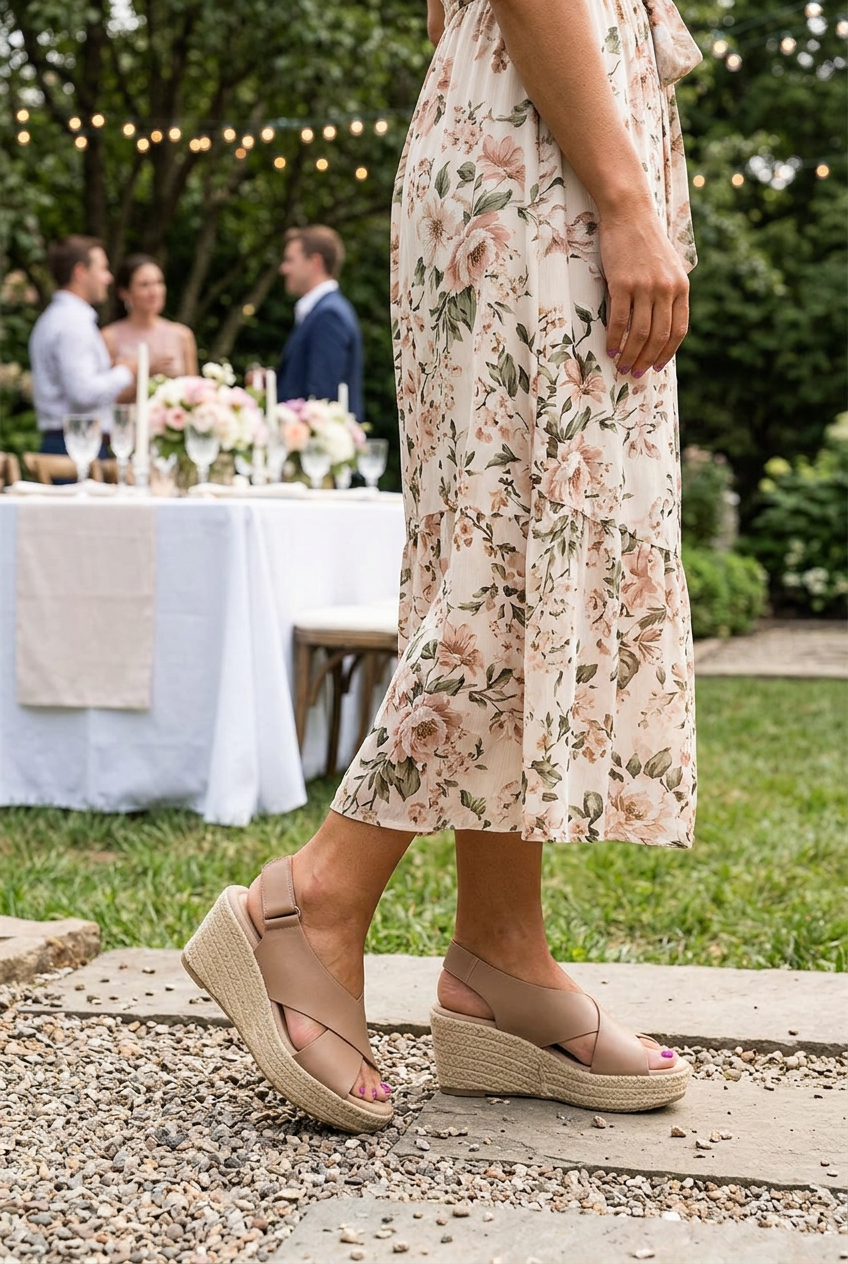 Beige sleehaksandalen met gekruiste bandjes gedragen in de tuin bij een gedekte feesttafel 1