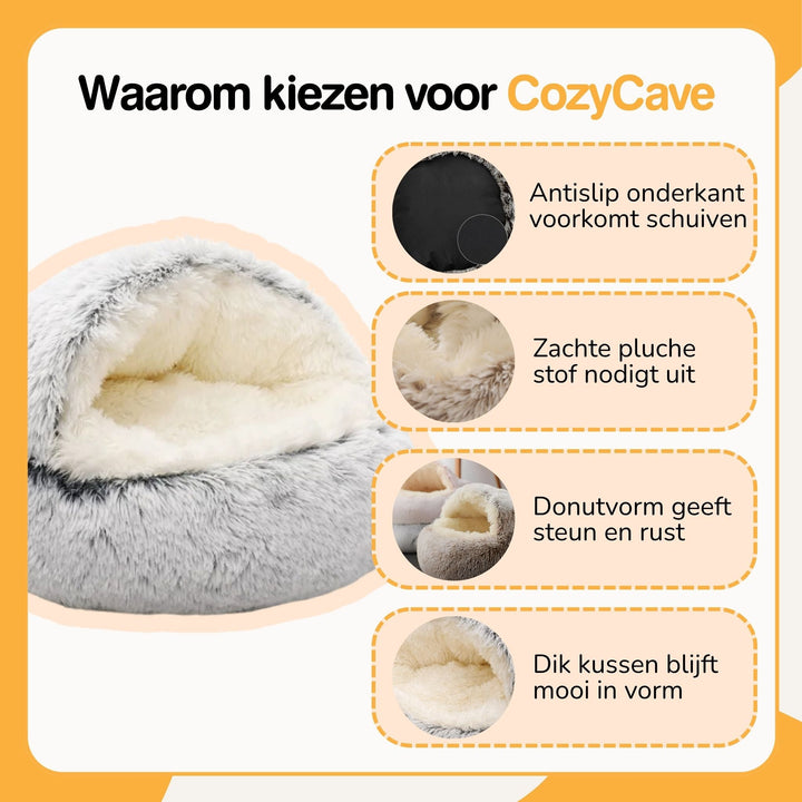 Infographic met het grijze holbed links en vier uitgelichte details rechts, onder meer antislip onderkant, pluche stof en donutvorm. 5