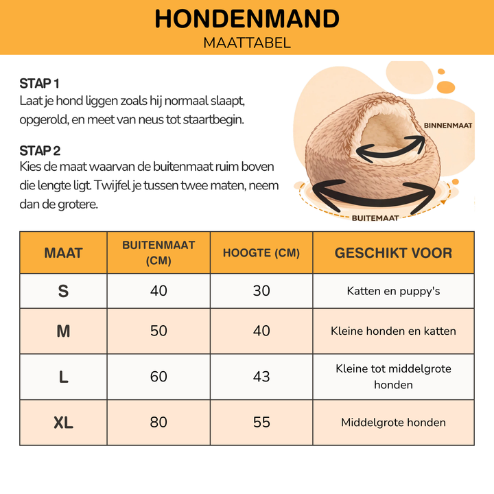 Maattabel voor het holbed met meetinstructies, een tekening met buitenmaat en binnenmaat, en maten S tot en met XL. 11