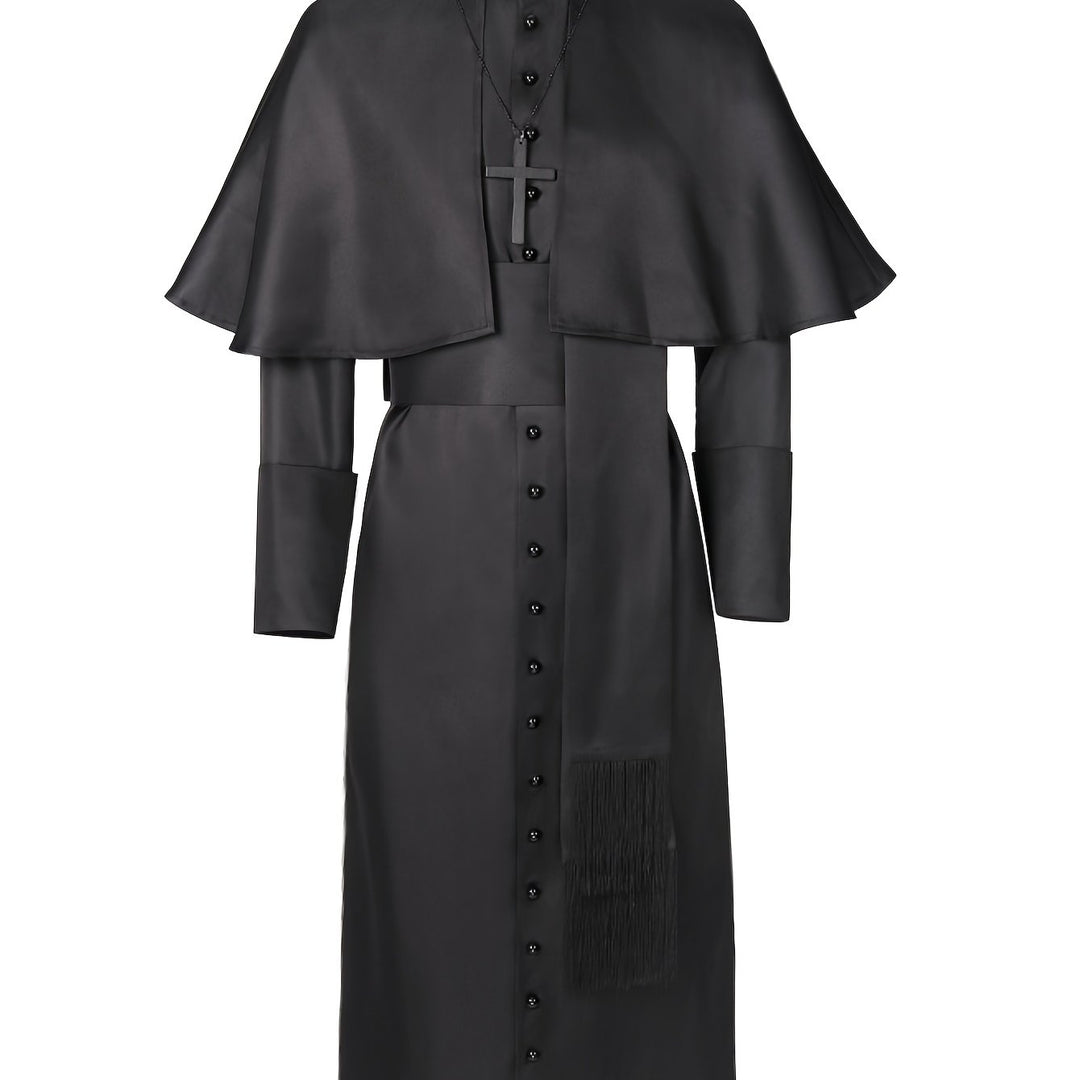 Zwart priesterkostuum van voren met cape, kruisketting, knoopsluiting en sjerp met franje, ruim uitgesneden afbeelding 6