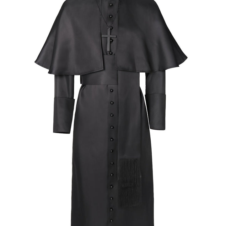Zwart priesterkostuum van voren met cape, kruisketting, knoopsluiting en sjerp met franje, ruim uitgesneden afbeelding 6