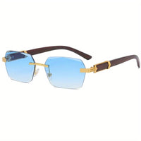 Rimless Sunglasses with Rectangular Lenses and Faux Wood Temples – Verro
