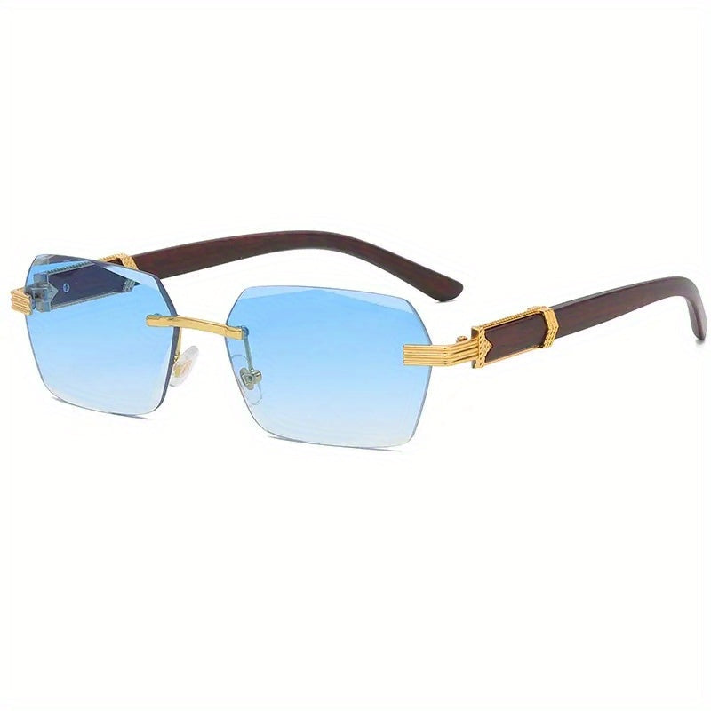 Rimless Sunglasses with Rectangular Lenses and Faux Wood Temples – Verro