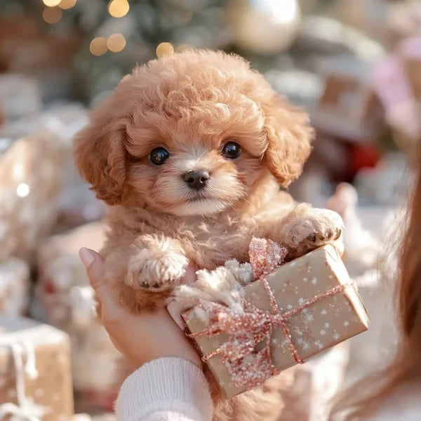 Goudbruin krullend pluchen puppy wordt omhooggehouden naast een klein cadeautje met roze glinsterstrik en kerstverlichting erachter. 3