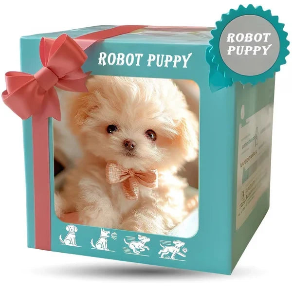 Turquoise geschenkdoos met roze strik en kijkvenster met een crèmekleurig puppy met strikje, plus pictogrammen van zitten, blaffen en lopen. 8