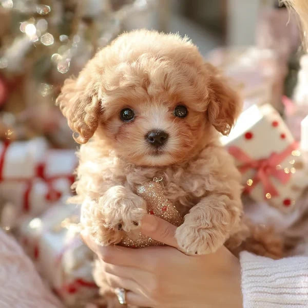 Krullend abrikooskleurig pluchen puppy wordt vastgehouden in twee handen, met kerstcadeaus en lichtjes wazig op de achtergrond. 1