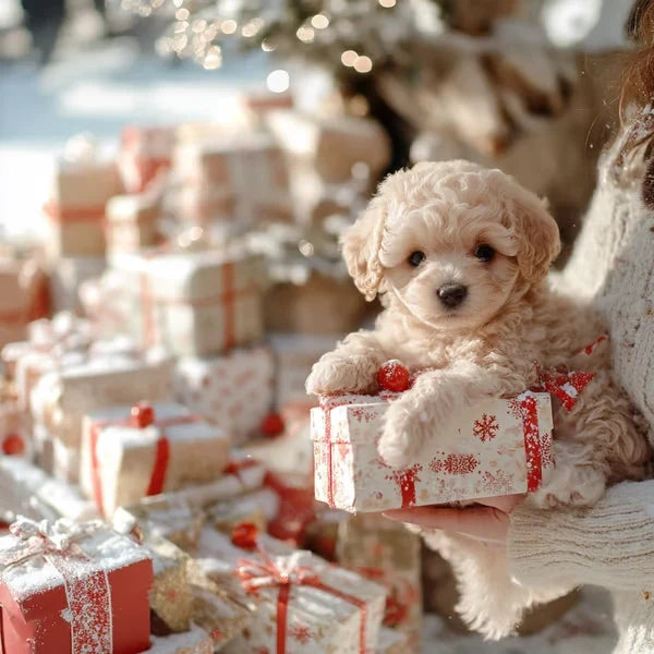 Roomwit krullend pluchen puppy leunt met zijn pootjes op een ingepakt kerstcadeau, omringd door een stapel cadeaus. 2