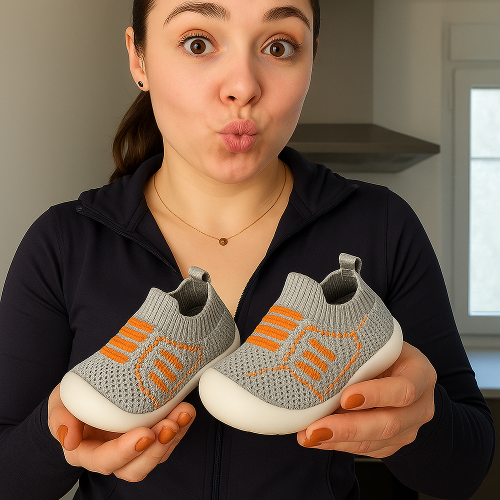 Vrouw houdt een paar grijze gebreide babyschoentjes met oranje details en witte zool omhoog naar de camera. 2