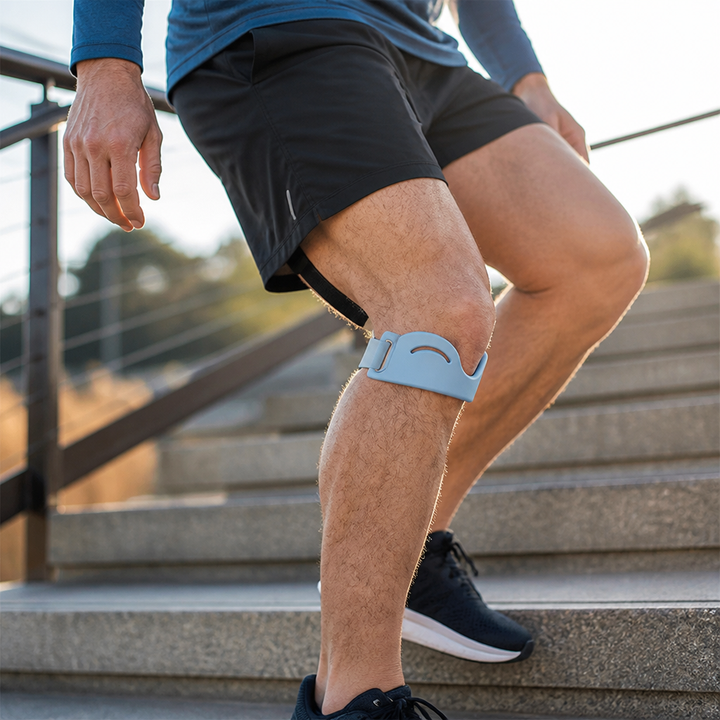 Man in sportkleding loopt een trap op met de lichtblauwe kniesteunband onder de knie, zichtbaar met gesp en uitsparing. 4