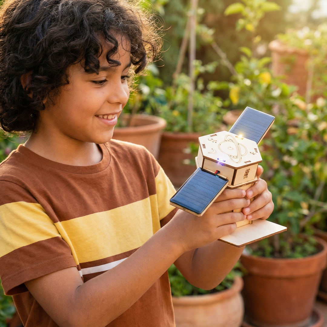 Lachend kind houdt buiten het houten satellietmodel met twee zonnepanelen en oplichtende ledlampjes vast. 4