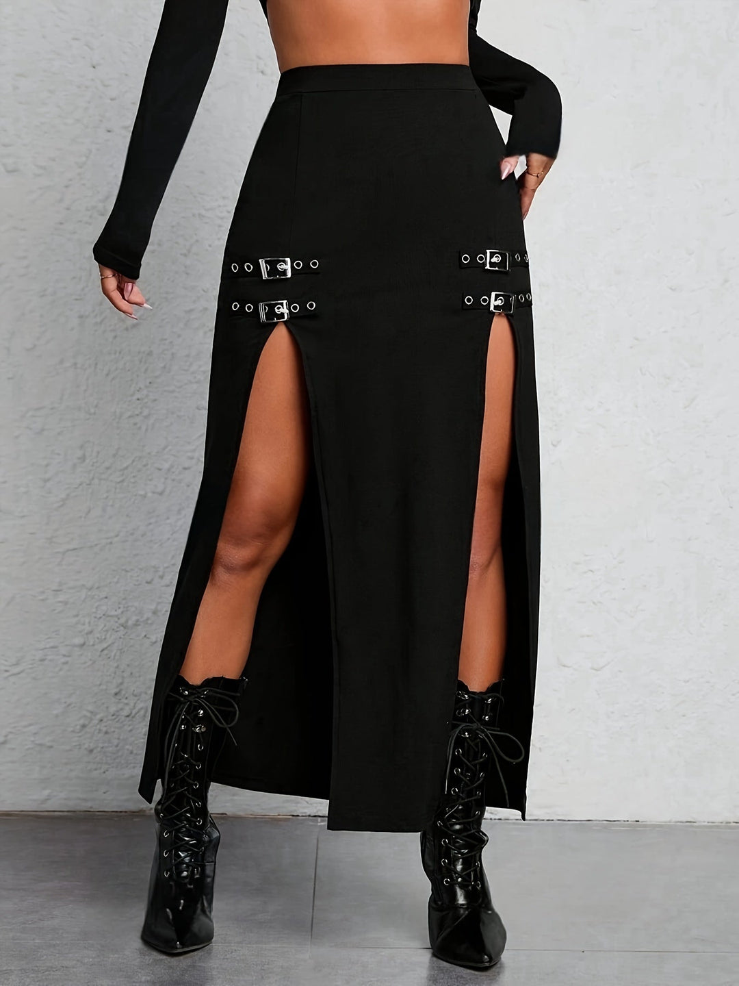 Zwarte Hoge Taille Split Rok - Sophie