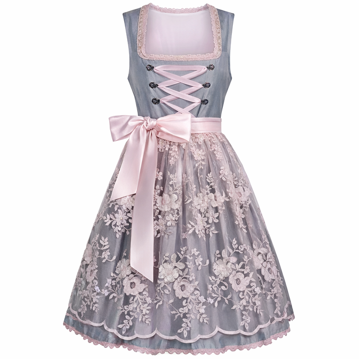 Women's Dirndl Dress with Stand Collar, Lace-Up Front and Lace Overlay 2