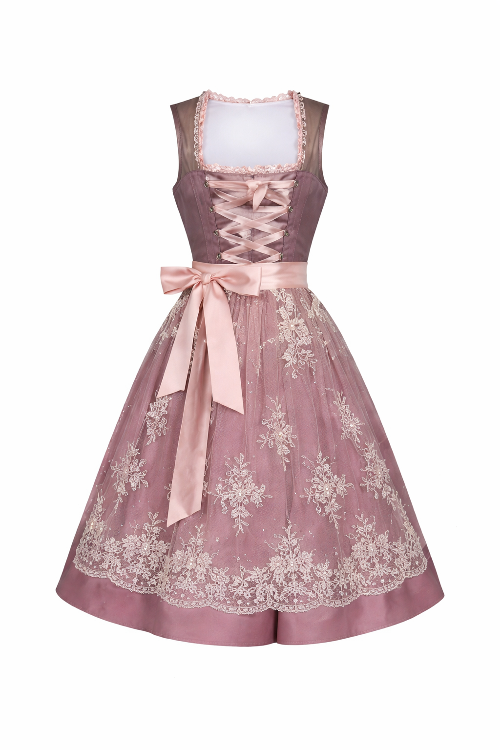 Women's Dirndl Dress with Stand Collar, Lace-Up Front and Lace Overlay 3