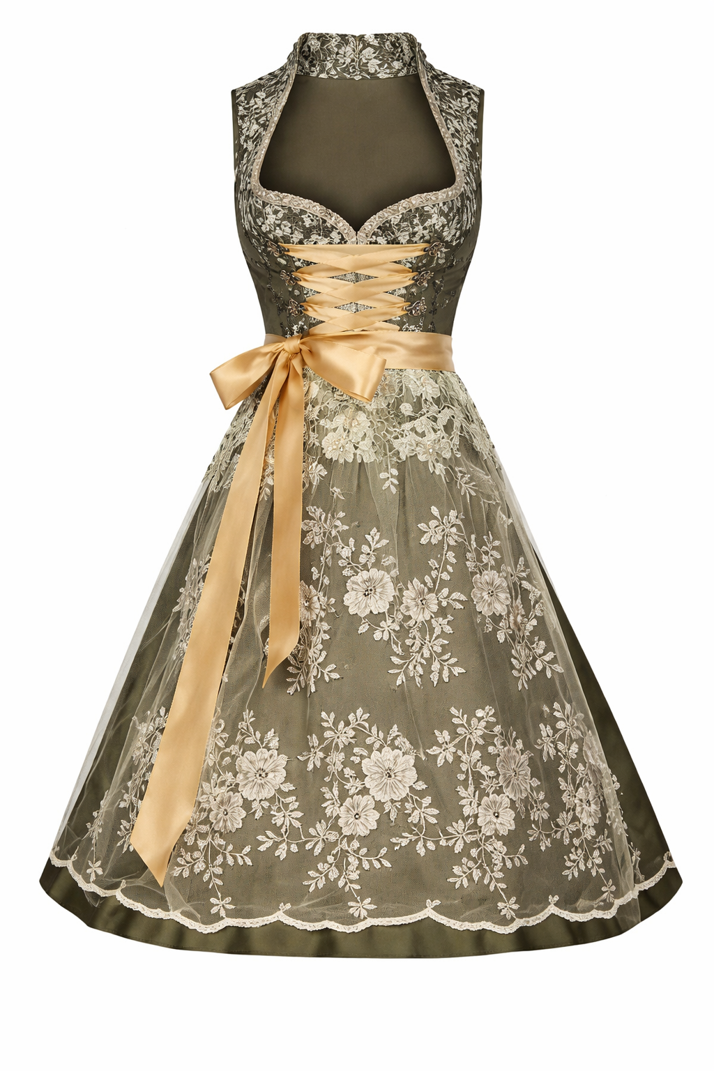 Women's Dirndl Dress with Stand Collar, Lace-Up Front and Lace Overlay 4
