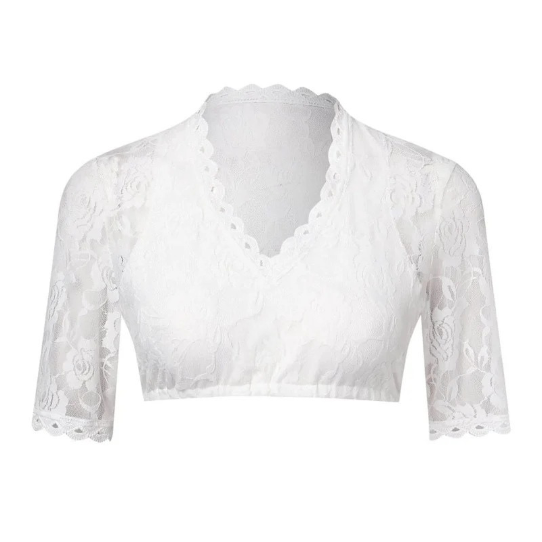 Voorkant van het witte kanten crop top los op een witte achtergrond, met diepe V-hals met schulprand en korte mouwen. 3