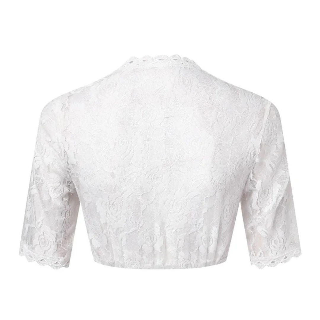 Achterkant van het witte kanten crop top los op een witte achtergrond, met rozenkant, schulprand in de nek en elastische zoom. 5