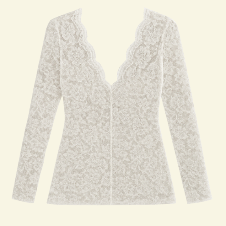 Women's Long Sleeve Lace Blouse with V-Neck and Wavy Trim 5