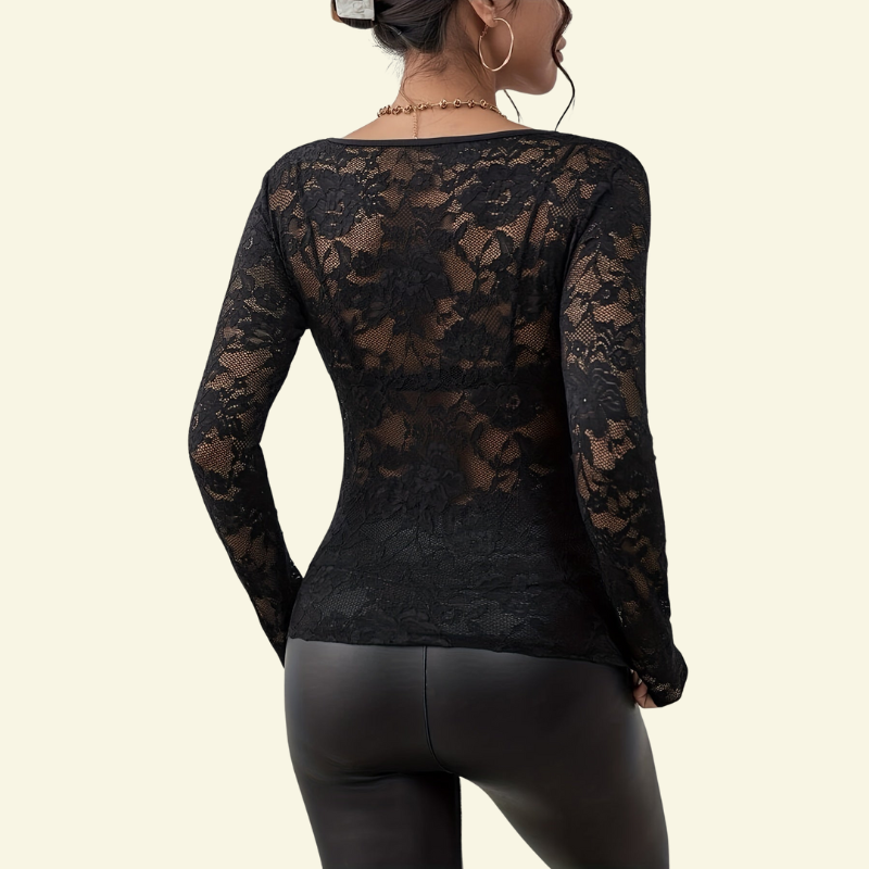 Women's Long Sleeve Lace Blouse with V-Neck and Wavy Trim 6