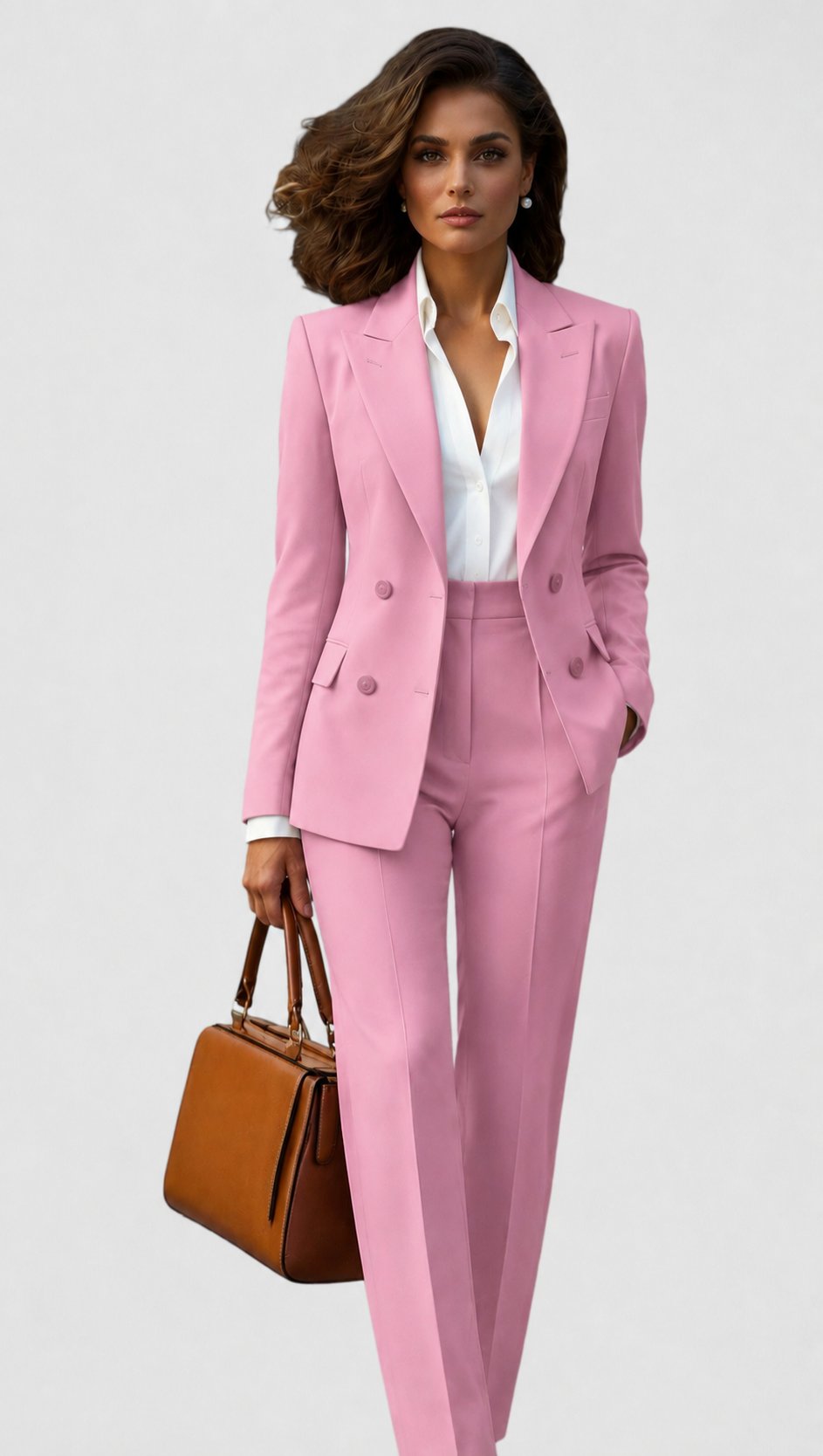 Model in roze kostuum met dubbele knopenrij, witte blouse met kraag en een bruine handtas in de hand. 5