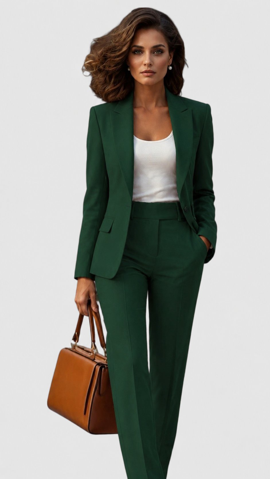 Model in donkergroen kostuum met wit topje onder de blazer, een hand in de broekzak en een bruine handtas. 8