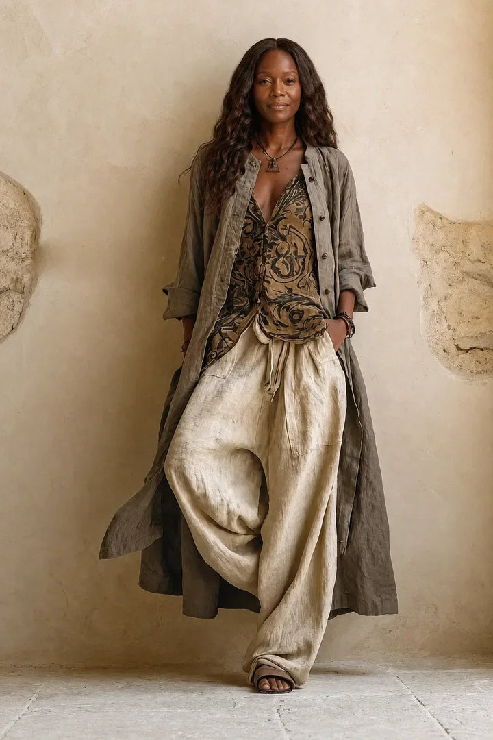 Model leunt tegen een muur in het complete drieluik: lang taupe vest open over de bedrukte top en beige ruimvallende broek. 1