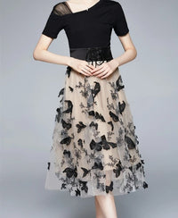 Stylish Mesh Midi Dress with Embroidery and Flounce Sleeves – Maila