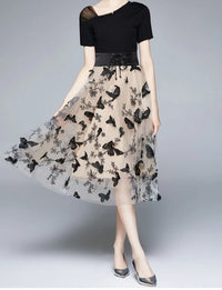 Stylish Mesh Midi Dress with Embroidery and Flounce Sleeves – Maila