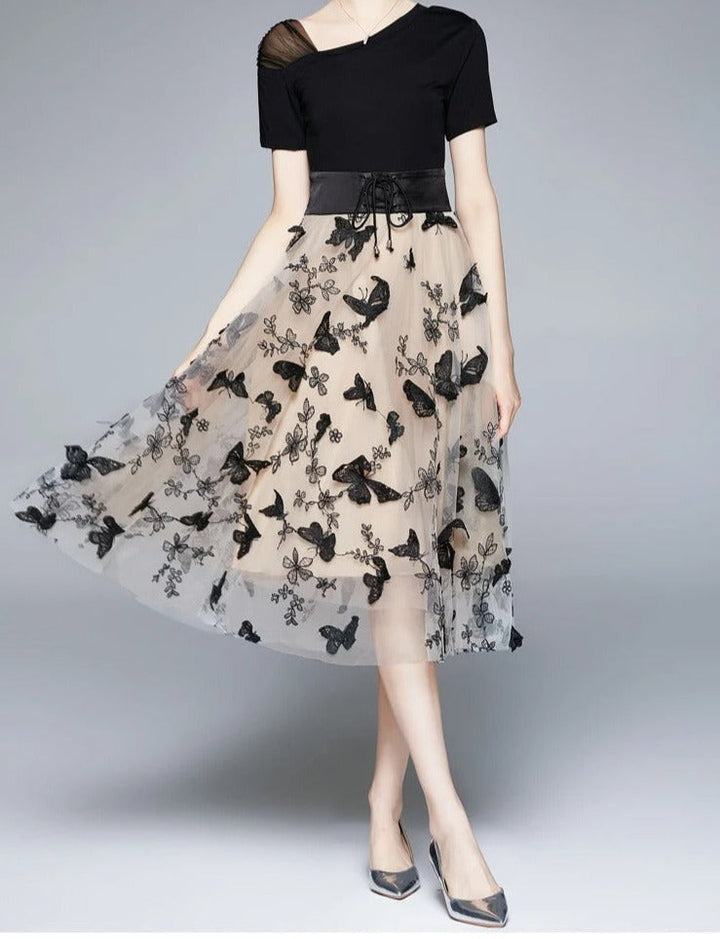 Stylish Mesh Midi Dress with Embroidery and Flounce Sleeves – Maila