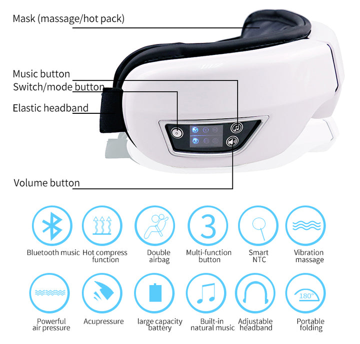 EYE MASSAGE DEVICE - AIR PRESSURE, VIBRATION & WARM COMPRESS WITH BLUETOOTH MUSIC