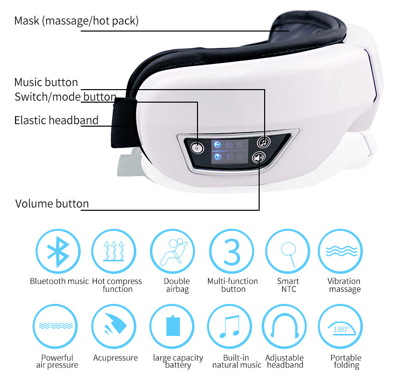 EYE MASSAGE DEVICE - AIR PRESSURE, VIBRATION & WARM COMPRESS WITH BLUETOOTH MUSIC
