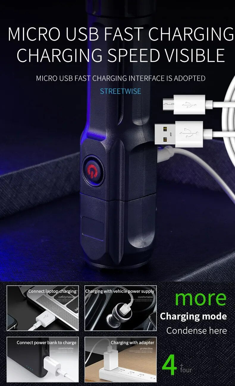 POWERFUL LED FLASHLIGHT WITH ZOOM - USB RECHARGEABLE CAMPING FLASHLIGHT