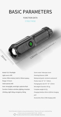 POWERFUL LED FLASHLIGHT WITH ZOOM - USB RECHARGEABLE CAMPING FLASHLIGHT