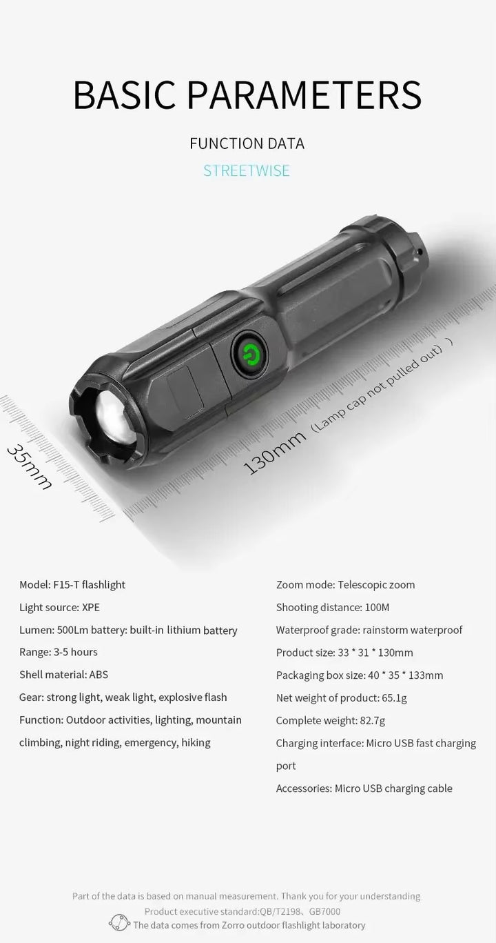 POWERFUL LED FLASHLIGHT WITH ZOOM - USB RECHARGEABLE CAMPING FLASHLIGHT